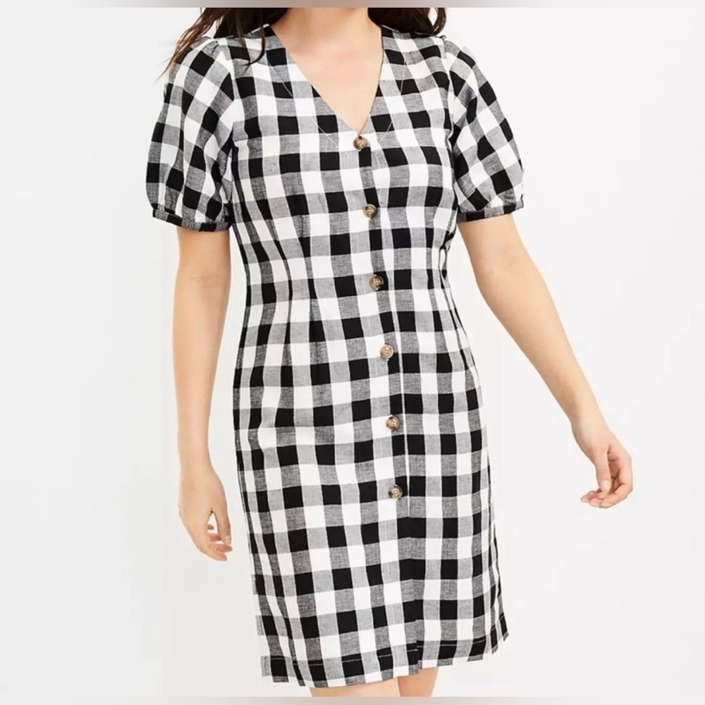 Loft Black and White Gingham Button-Front Linen Blend Mini Dress Size 8P